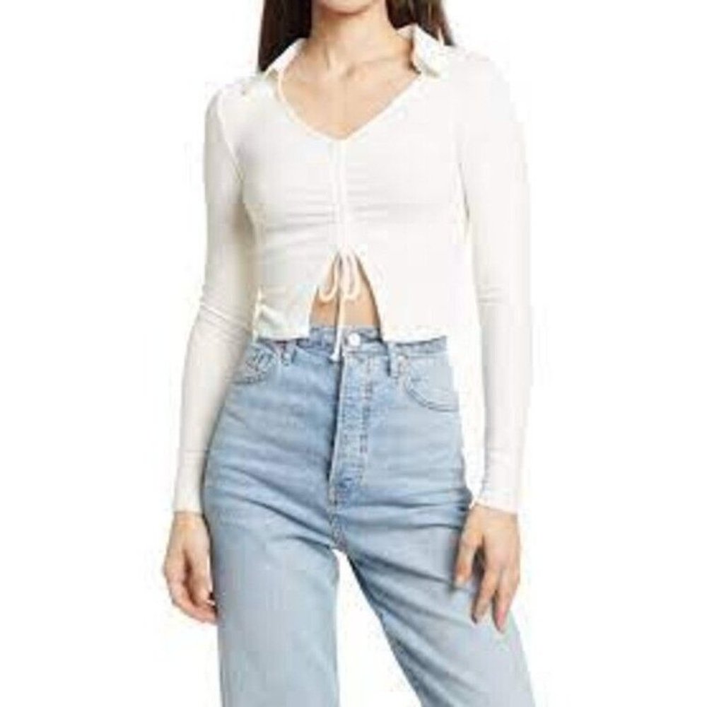 ELODIE White Collared Long Sleeve Cinched Tie Crop Top Women Small